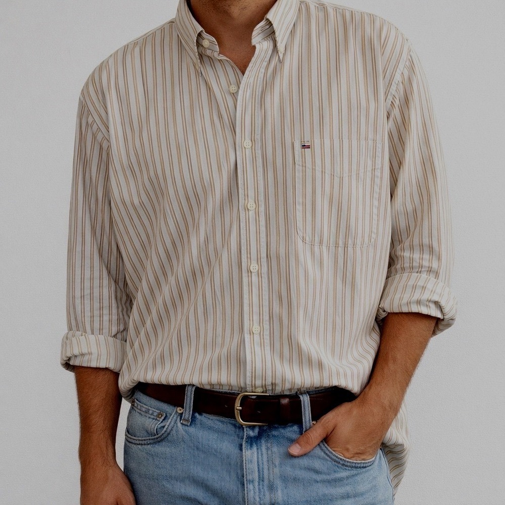 Tommy Hilfiger Mens XXL Striped Button Down Shirt Tan White 80s Two Ply Cotton